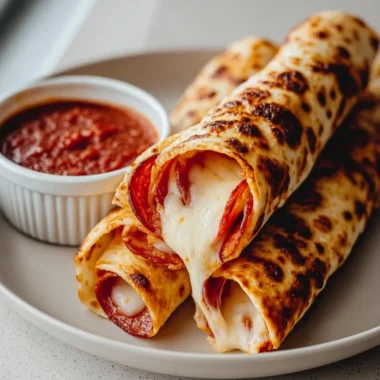 Cheesy pepperoni roll-ups served on a plate, perfect for snacking.