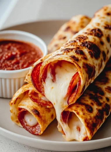 Cheesy pepperoni roll-ups served on a plate, perfect for snacking.