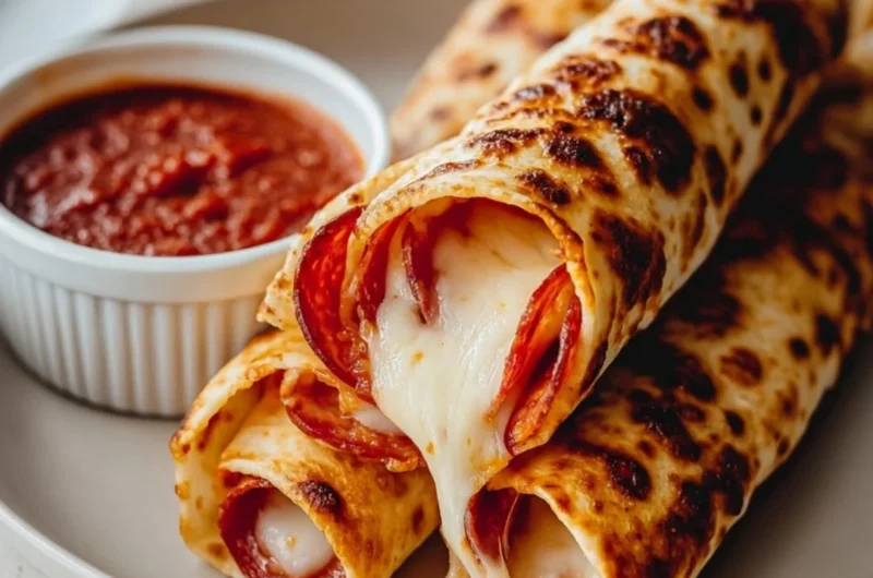Cheesy pepperoni roll-ups served on a plate, perfect for snacking.