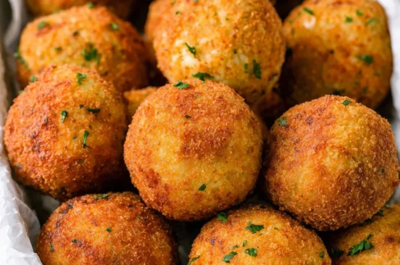 Crispy cheesy rice balls (arancini) served on a plate, garnished with herbs.