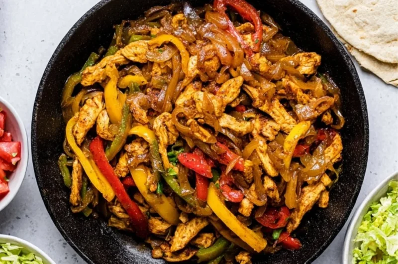 Delicious homemade Chicken Fajitas with colorful bell peppers and seasonings