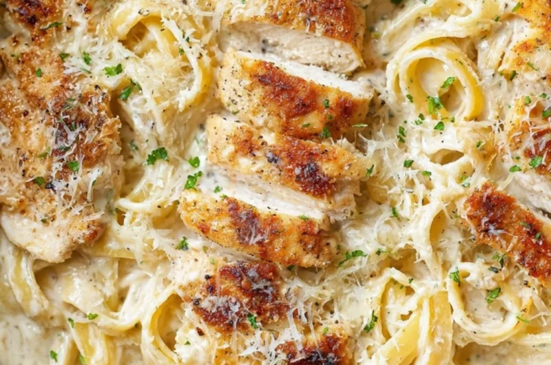 Delicious Chicken Fettuccine Alfredo served with parsley garnish