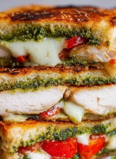 Delicious Chicken Pesto Sandwich with fresh ingredients and vibrant colors.