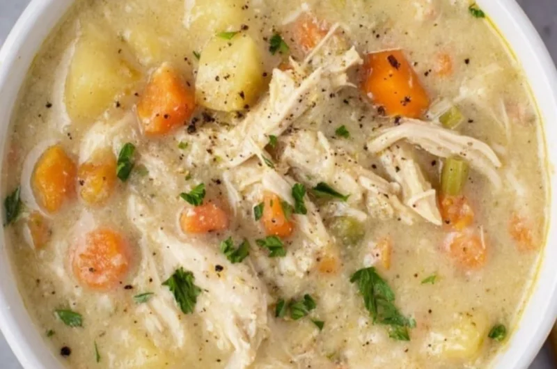 Delicious Chicken Pot Pie Soup served in a bowl, garnished with parsley.