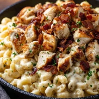 Delicious Chicken Ranch Macaroni and Cheese served in a bowl