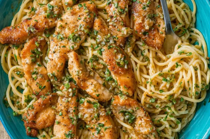 Delicious Chicken Scampi Pasta topped with herbs and served in a bowl.