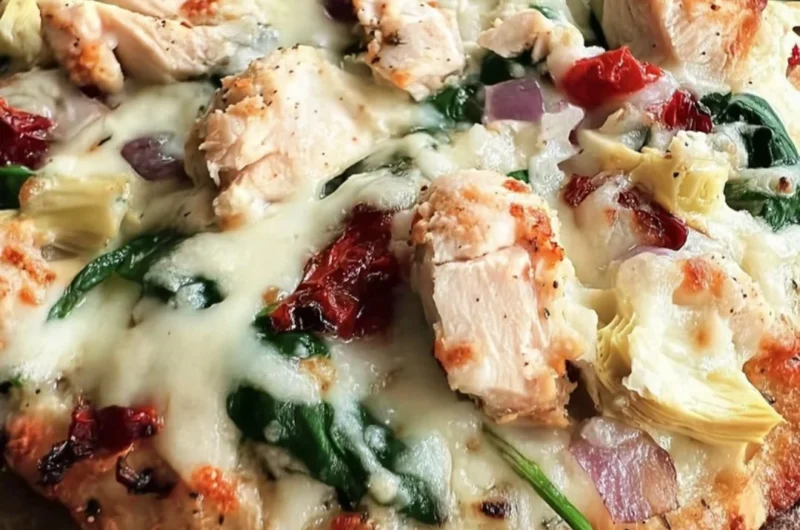 Delicious Chicken Spinach Artichoke Pizza topped with fresh vegetables and chicken