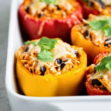 Colorful chicken stuffed peppers filled with a savory mixture