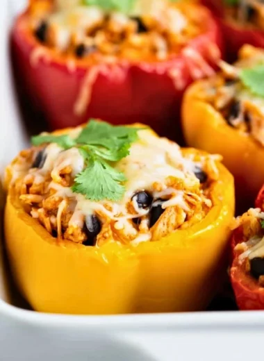 Colorful chicken stuffed peppers filled with a savory mixture