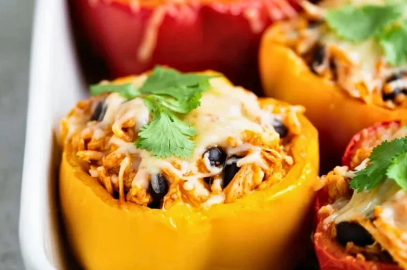 Colorful chicken stuffed peppers filled with a savory mixture