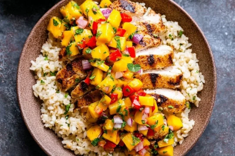 Chipotle Lime Grilled Chicken served with colorful Mango Salsa