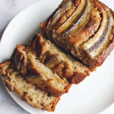 Loaf of classic banana bread fresh out of the oven, sliced on a wooden cutting board