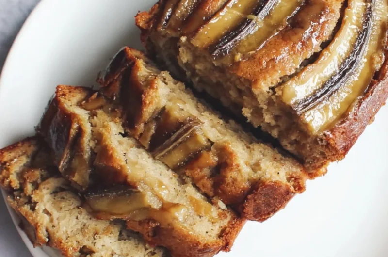 Loaf of classic banana bread fresh out of the oven, sliced on a wooden cutting board