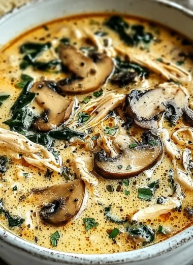 Bowl of Clean Chicken Mushroom Soup garnished with herbs