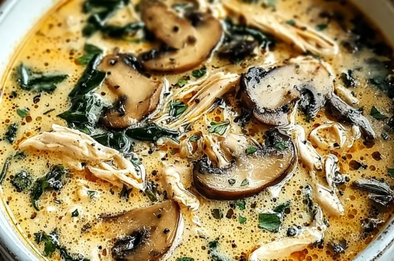 Bowl of Clean Chicken Mushroom Soup garnished with herbs