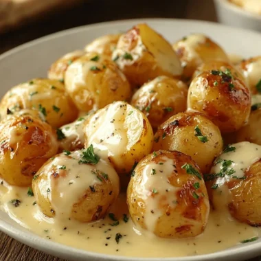 Creamy garlic sauce drizzled over baby potatoes on a serving plate