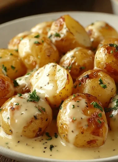 Creamy garlic sauce drizzled over baby potatoes on a serving plate