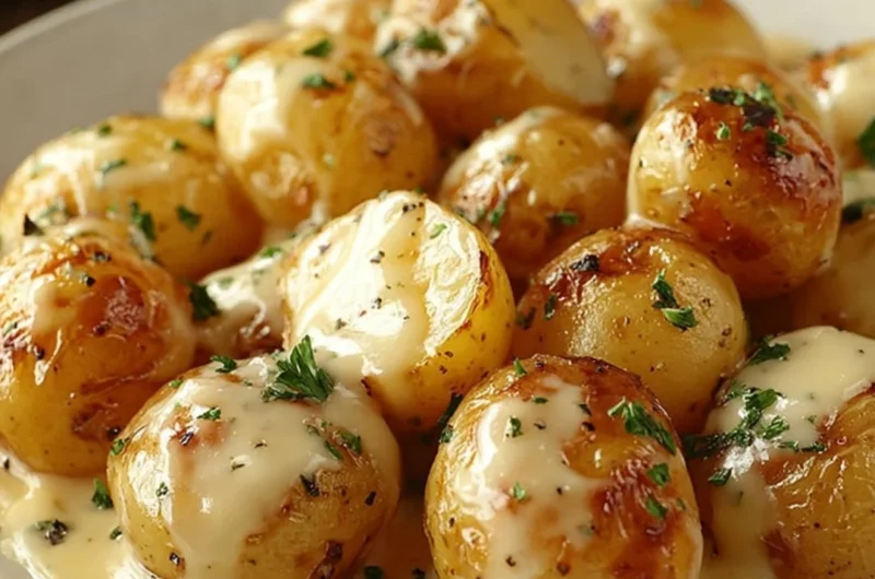 Creamy garlic sauce drizzled over baby potatoes on a serving plate