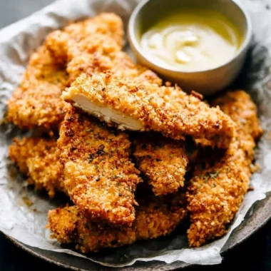 Delicious crispy baked chicken tenders served on a plate.