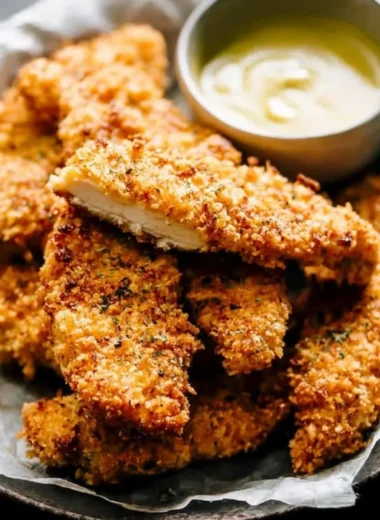 Delicious crispy baked chicken tenders served on a plate.