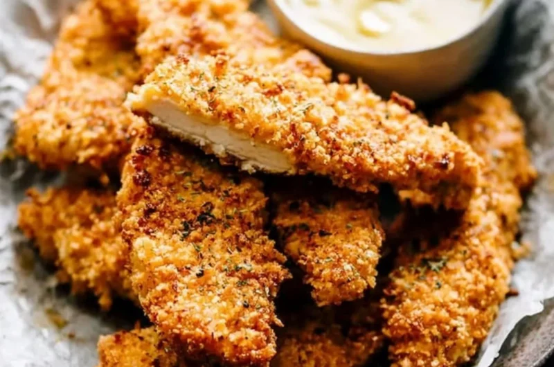 Delicious crispy baked chicken tenders served on a plate.
