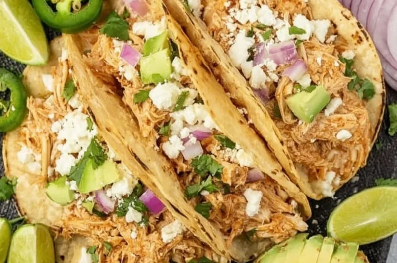 Delicious Crockpot chicken tacos served with toppings