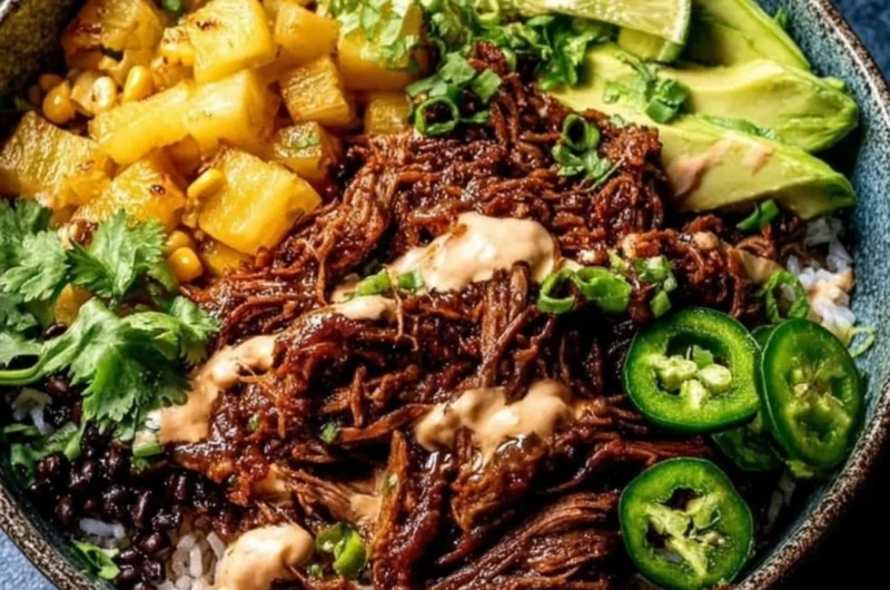 Crockpot chipotle pineapple pot roast served in a bowl with fresh herbs.