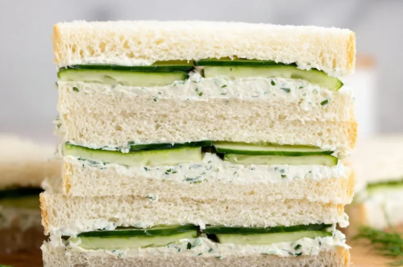 A delicious cucumber sandwich on a plate garnished with herbs.