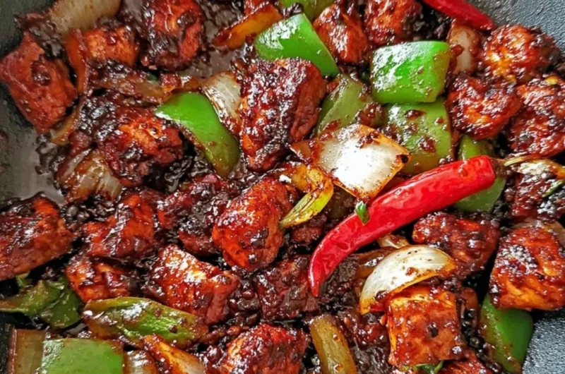 Delicious easy black pepper chicken served with vegetables.