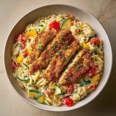 Creamy Boursin Orzo Bake topped with herbs and cheese