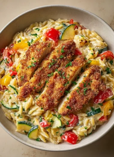 Creamy Boursin Orzo Bake topped with herbs and cheese