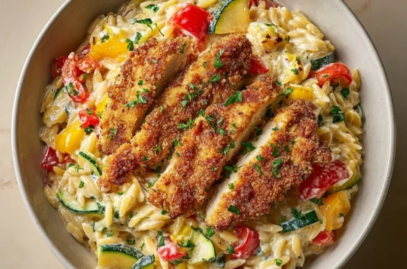 Creamy Boursin Orzo Bake topped with herbs and cheese