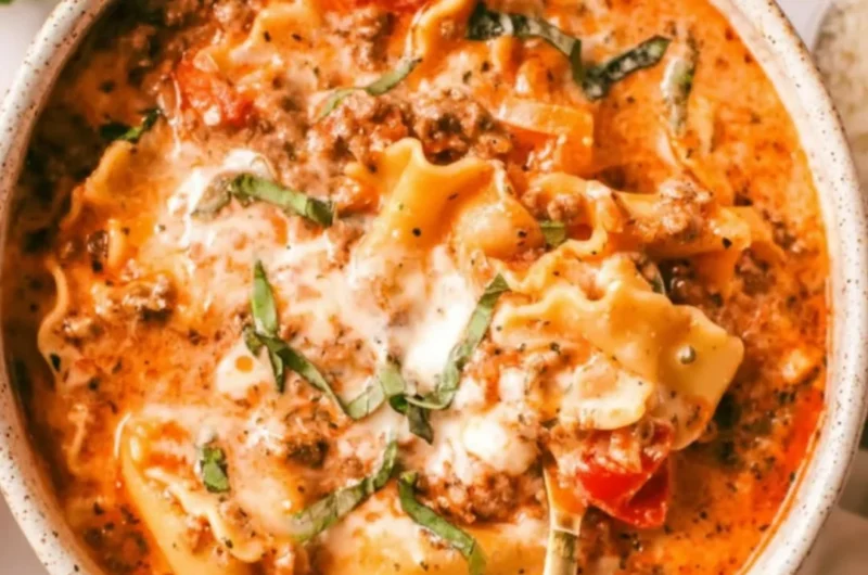 Bowl of easy creamy lasagna soup topped with cheese and herbs