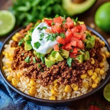 Delicious easy taco rice bowl topped with fresh ingredients and served in a bowl