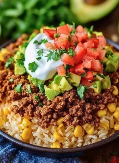Delicious easy taco rice bowl topped with fresh ingredients and served in a bowl