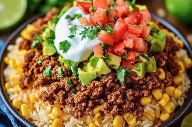 Delicious easy taco rice bowl topped with fresh ingredients and served in a bowl