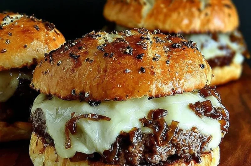 Gourmet French Onion Soup Burger with melted cheese and caramelized onions