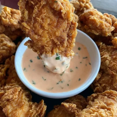 Fried chicken tender bites with buffalo ranch dipping sauce on a plate