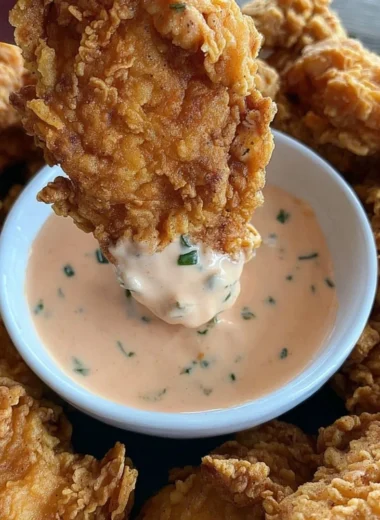 Fried chicken tender bites with buffalo ranch dipping sauce on a plate