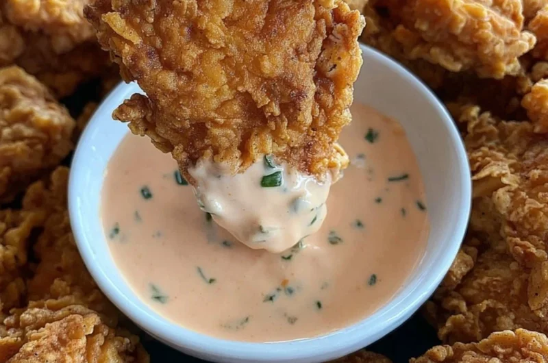 Fried chicken tender bites with buffalo ranch dipping sauce on a plate