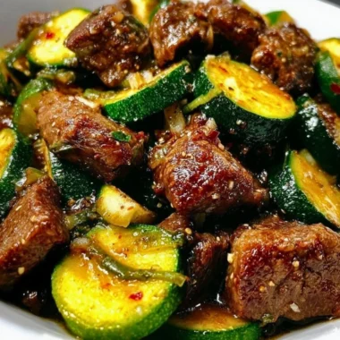 Plate of garlic butter steak bites with zucchini, garnished and ready to serve.