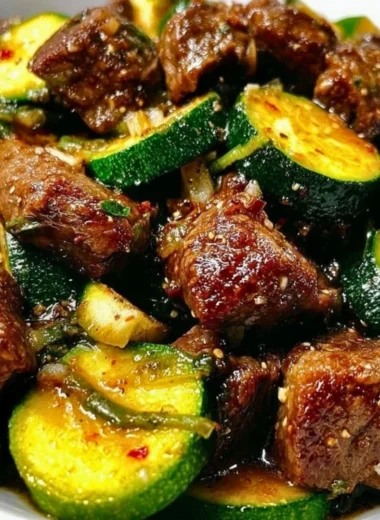 Plate of garlic butter steak bites with zucchini, garnished and ready to serve.