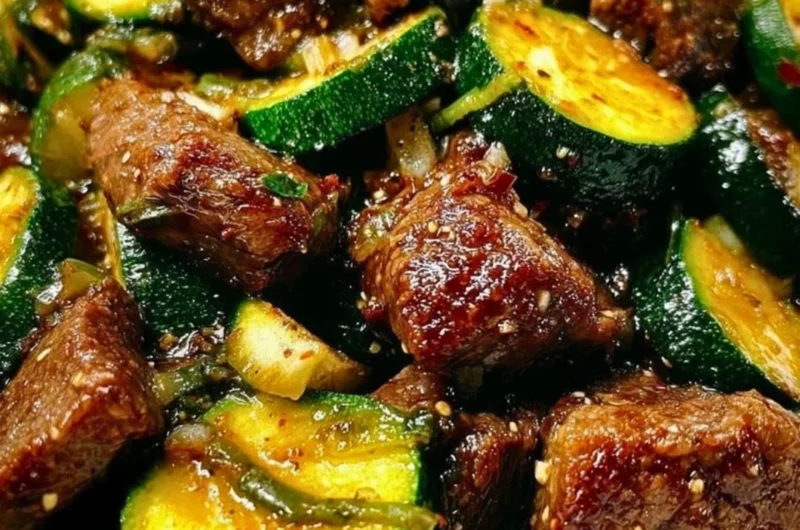 Plate of garlic butter steak bites with zucchini, garnished and ready to serve.