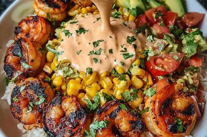 Grilled shrimp bowl with avocado, corn salsa, and creamy sauce