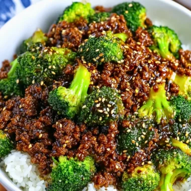 A delicious plate of ground beef and broccoli stir-fry ready to serve.