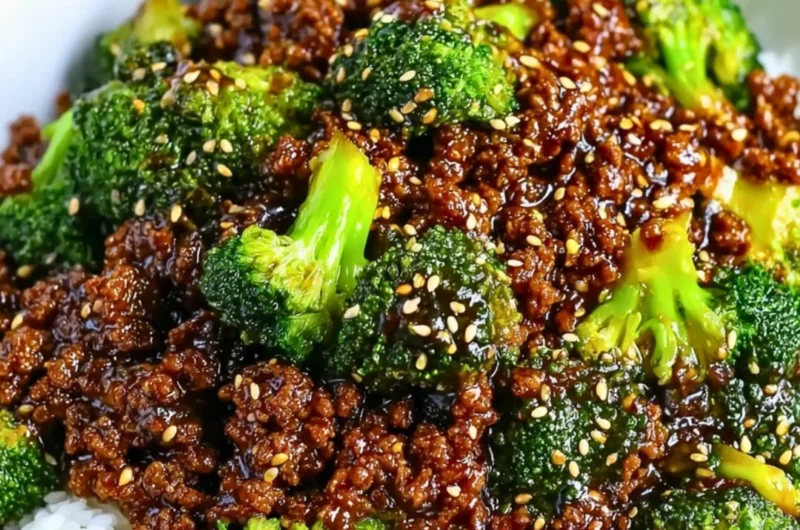 A delicious plate of ground beef and broccoli stir-fry ready to serve.