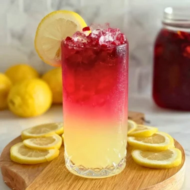A refreshing glass of Hibiscus Water garnished with a slice of lemon.