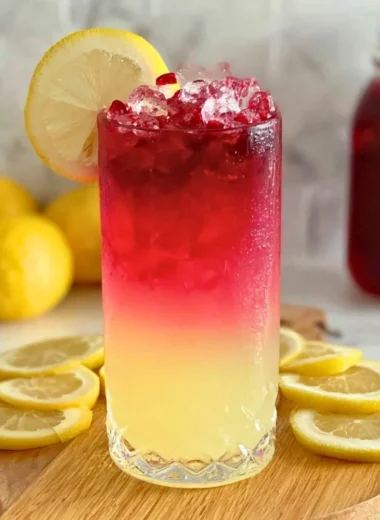 A refreshing glass of Hibiscus Water garnished with a slice of lemon.