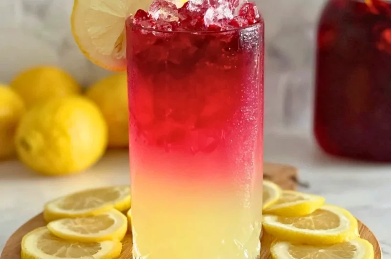 A refreshing glass of Hibiscus Water garnished with a slice of lemon.