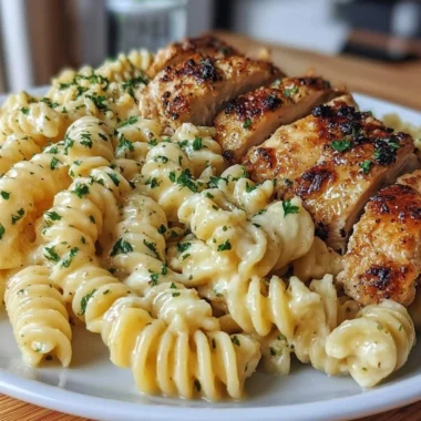 A delicious plate of Honey Garlic Chicken Pasta with herbs and garnishes